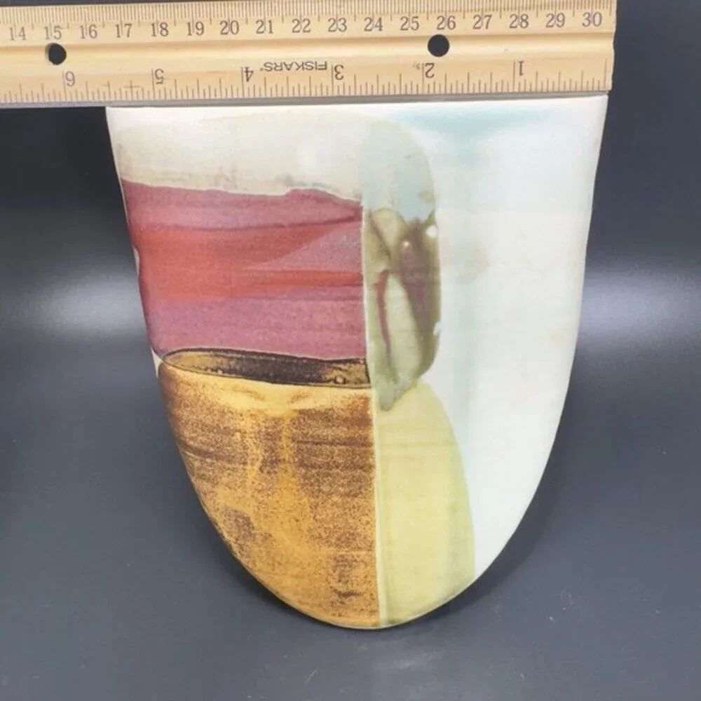 Vintage Hand Made Pottery Vase Vessel Flat Side Stoneware Art Marked Vase Vessel